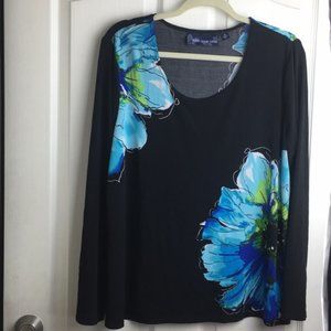Susan Graver black silky shirt with blue flower - Medium